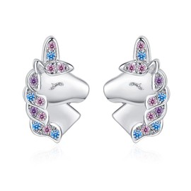 Cute Unicorn Earrings for Women Girls, 925 Silver Cubic Zirconia Sweet Animal Studs for Women Girls Anniversary Birthday Jewellery Gift (Silver1)