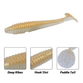 RUNCL ProBite Paddle Tail Swimbaits Gold Shiner, Soft Fishing Lures - Natural Oils, Ribbed Design, Paddle Tail, Hook Slot, Proven Colors - Bass Fishing Lures Baits 04 (4in, Pack of 20)