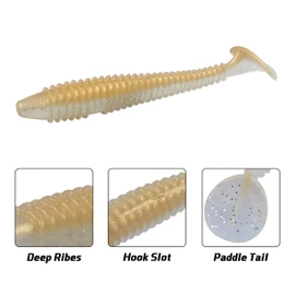 RUNCL ProBite Paddle Tail Swimbaits Gold Shiner, Soft Fishing Lures - Natural Oils, Ribbed Design, Paddle Tail, Hook Slot, Proven Colors - Bass Fishing Lures Baits 04 (4in, Pack of 20)