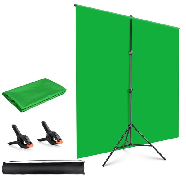 Hemmotop Upgraded 5X6.5FT Green Screen Backdrop with Background Stand Kit, Portable GreenScreen with Hole for Easy Installation and T-Shaped Backdrop Stand with 2 Clamps, Carry Bag, for Zoom Streaming