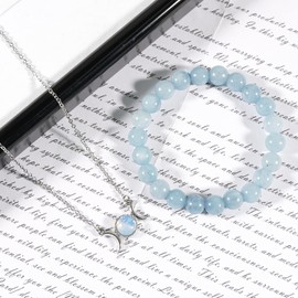 Soulnioi Triple Moon Goddess Pendant Necklace Dainty Choker Chain Necklace Moon Stone Necklace for Women (Opal), Natural Crystal Stone Round 6-8mm Beaded Bracelet (Aquamarine), Healing Crystal Gift