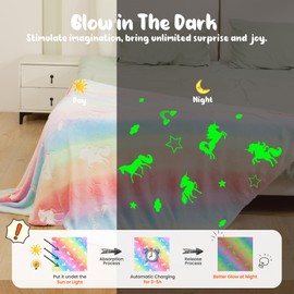 Winthome Glow in Dark Blanket, Soft Flannel Fleece Stars Blanket, All Season Throw Blanket for Kids (Colorful Unicorn, 130x170cm)
