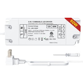 12v 60w led Transformer,dimmable leddriver Compatible with Lutron&Leviton, Phase, Triac, MLV, and ELV dimmers led Tape Light Hardwired Driver,12 Volt Transformer with Screwdriver,Plug-in Included