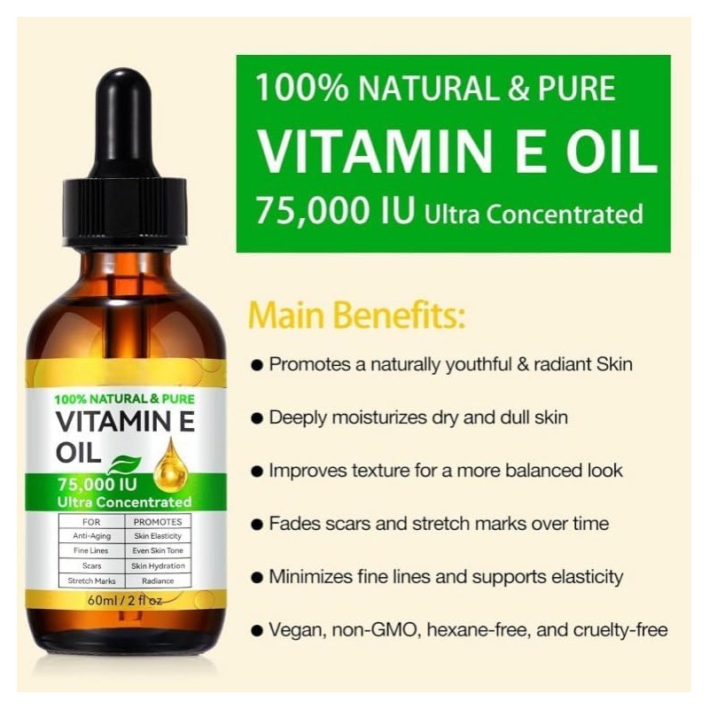 Aceite de Vitamina E para Masaje Corporal, 75000 UI, Orgánico,