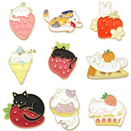 Junkin 9 Pieces Cat Pins Backpack Pins Kawaii Pins Cute Pins Rabbit Cat Lapel Pins Brooches Pin Badges for Clothing Backpacks(Strawberry)