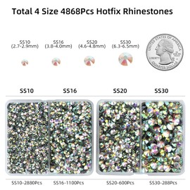 4868Pcs Hotfix Rhinestones Flatback, Crystal AB Clear Rhinestones for Bedazzling, 4 Size Hot Fix Round Glass Gems for Crafts Clothes DIY Decoration (SS10,SS16,SS20,SS30)