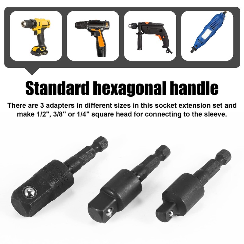 Pyatofyy 3 Pcs Drill Socket Adaptor Set, 1/4", 3/8", 1/2"