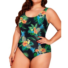 Holipick Traje de baño Deportivo de una Pieza con Control de Abdomen, Negro Floral, 18 Plus
