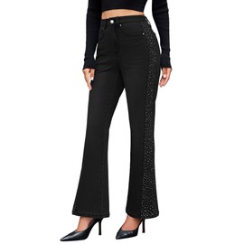 GRAPENT Glitter Jeans Sparkling for Women Rhinestone Cowgirl Bellbottoms New Years Eve Outfits Sparkly Washed Black Womens Flare Jeans, Washed Black, L, US Size 12 to 14