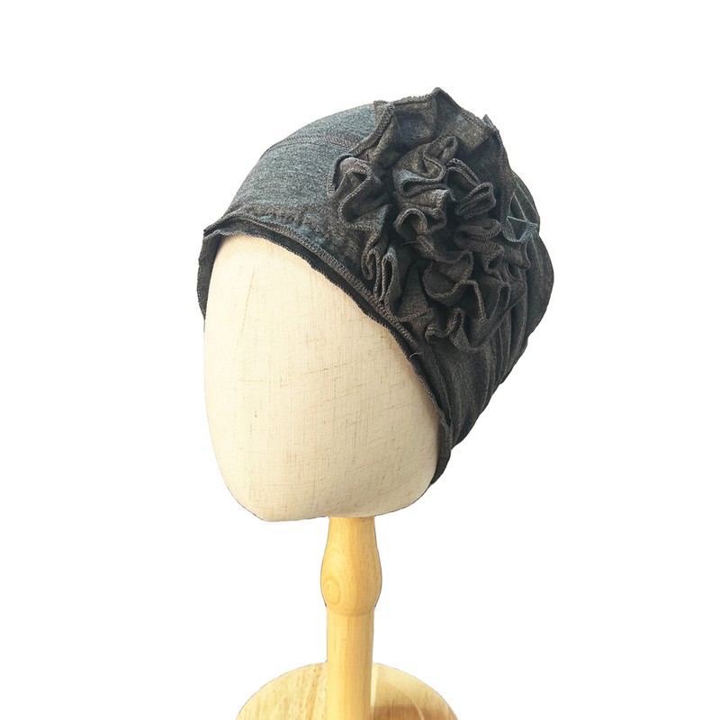 Women Turban Flower Cap Balck White and Gray Pure Color