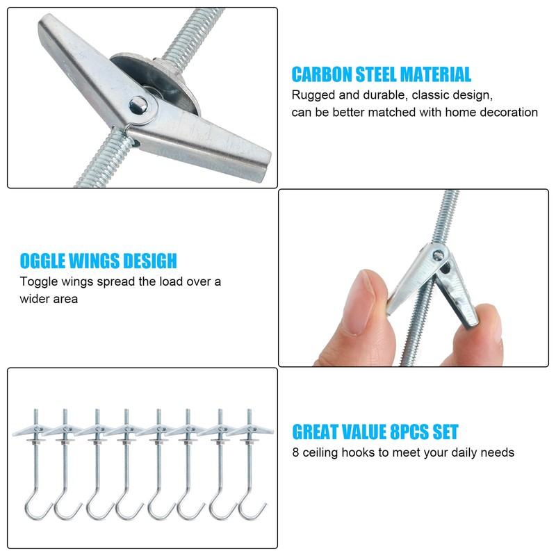 8 Pcs Wing Spring Toggle Hook, Ceiling Hooks Plasterboard, Carbon