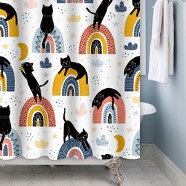 SDOTPMT 105 x 160 cm Cute Cartoon Animal Shower Curtain Black Cat Colourful Rainbow Bath Curtain Funny Pets Theme Bath Curtain for Children Bathroom Decor with Hooks