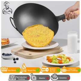 WANGYUANJI 13.4" Round-Bottom Iron Wok, Deep Chinese Stir-Fry Pan (Seasoning Required), Wok Ring Required, Not Flat-Top/Induction — No Lid, No Ring,Wooden Handle, Coating-Free