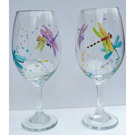 2 Dragonfly Multi Color Hand Painted Wine Glasses