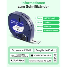 5x Kompatibel für Dymo Letra tag Etikettenband 12mm x 4m Schwarz auf Weiß Schriftband Kunststoff Etiketten für Dymo LT-100H, 100H Plus, 100T, 100T Plus, 110T, 2000, 200B, QX-50, XM, XR