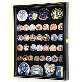 56 Challenge Coin Display Case Cabinet - Fully Adjustable Shelves - Larger Coins - 98% UV Protection (Black Finish)