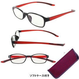 老眼鏡 首かけ レディース ブルーライトカット 曇り止めコート 滑り止めラバー 軽量 形状記憶 おしゃれ スクエア TR90フレーム レッド×ブラック 度数 +1.50 NEW カカル 495215