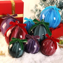Lanpn 4 Pcs 4" Outdoor Christmas Glass Ball Ornaments, Large Xmas Tree Balls with Bow, Giant Christmas Decorations for Candyland Outside Lawn Yard, Hand Blown Glass Marbled Ornament, Rich Color