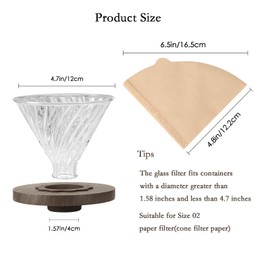 Lalord Pour Over Coffee Dripper with 100 pcs Size 02 Paper Filter, Walnut Handle and Borosilicate Glass, Glass Coffee Dripper, Hold for 1-4 Cups