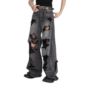 Lafaguw Baggy Jeans for Woman Men Ripped High Waisted Straight Leg Pants Y2K Grunge Streetwear Emo Summer Clothes.Black3/M