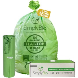 64 Gallon Compostable Trash Bags Flat-Top, Heavy Duty Extra Thick 2 Mil, 242.27 Liter, 12 Bags, Large Lawn and Yard Waste Bag, ASTM D6400, US BPI and OK Compost Home Certified