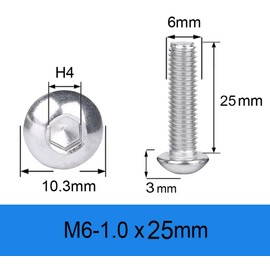 Metuja M6-1.0x25mm Button Head Socket Cap Bolts Screws（25pcs）, Stainless Steel, Full Thread, Silver, Allen Hex Drive