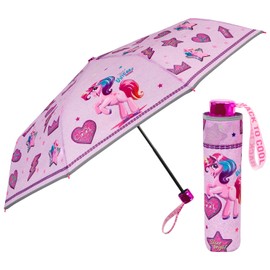 PERLETTI Unicorn Children's Umbrella Girls - Pink Unicorn Pocket Umbrella Mini Umbrella Children's Umbrella 7+ Years - Umbrella Small Windproof with Reflective Edge - Diameter 91 cm (Pink Denim)