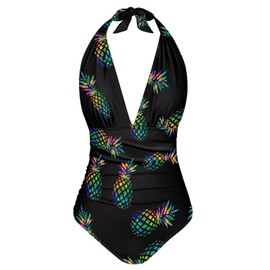 Sprowallow - Traje de baño para mujer, de una pieza, con control de abdomen, cuello en V, halter, corte alto, negro (Black Pineapple), XL