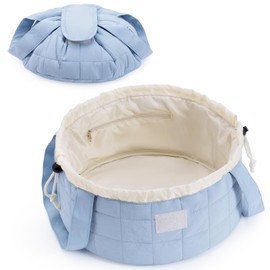 Narwey Barrel Drawstring Makeup Bag, Large Quilted Puffer Cosmetic Bag, Puffy Make Up Bags, Travel Toiletry Bags for Traveling Women Toiletries Organizer, Gift for Teen Girls (Blue)