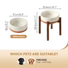 Havniva Ceramic 8.2inch Raised Dog Bowl Set, Elevated with Acacia Wood Stand, Food and Water Bowl for Large Breed Dogs, Weighted Pet Dishes(60oz, Vanilla White)