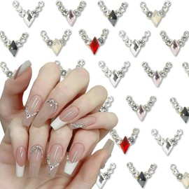 30Pcs French Nail Charms for Acrylic Nails 3D Alloy Nail Rhinestones Multiple Colors V-Shaped Design Glitter Crystal Nail Jewelry Nail Art Supplies Kit for Women Girls Manicure Charms Accessories DIY