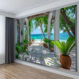 FENDROM Summer Beach Tapestry,Blue Ocean Sea Scenic View from Perfect Seaside Cabin Nature Scenery Wall Hanging for Bedroom Aesthetic Living Room College Home Decor