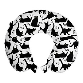 Ambesonne Cat Travel Pillow Neck Rest, Cats Yellow Eyes in Different Positions Paw Traces Playful Feline Animal, Memory Foam Traveling Accessory for Airplane and Car, 12", Black Charcoal