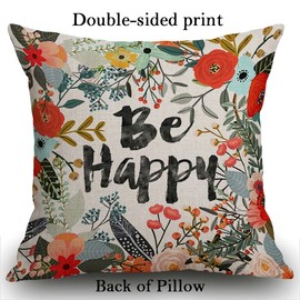 Smooffly Be Happy Cushion Cover Cotton Linen Home Farmhouse Decor Pillowcase Throw Pillow 18 x 18 Inches Inspirational Letters with Beautiful Flowers Leaves