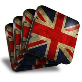 Great Coasters (Set of 4) Square - Vintage Union Jack Flag Distressed Drink Glossy Coasters/Tabletop Protection for Any Table Type #8887