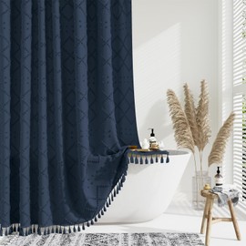 Dynamene Extra Long Shower Curtains Boho Tufted Geometric Striped Fabric Shower Curtains for Bathroom Tall Shabby Chic Waterproof Fabric Shower Curtain Set with Hooks Navy Blue 183 x 213 cm