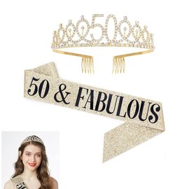 Dolaso 50 and Fabulous Sash & Rhinestone Tiara Set Gold - 50th Birthday Gifts Birthday Sash for Women Birthday Party Supplies