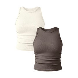 OQQ Women's 2 Piece Tank Tops Crew Neck Sleeveless Basic Stretch Casusal Yoga Crop Camis Tea Leaf Beige