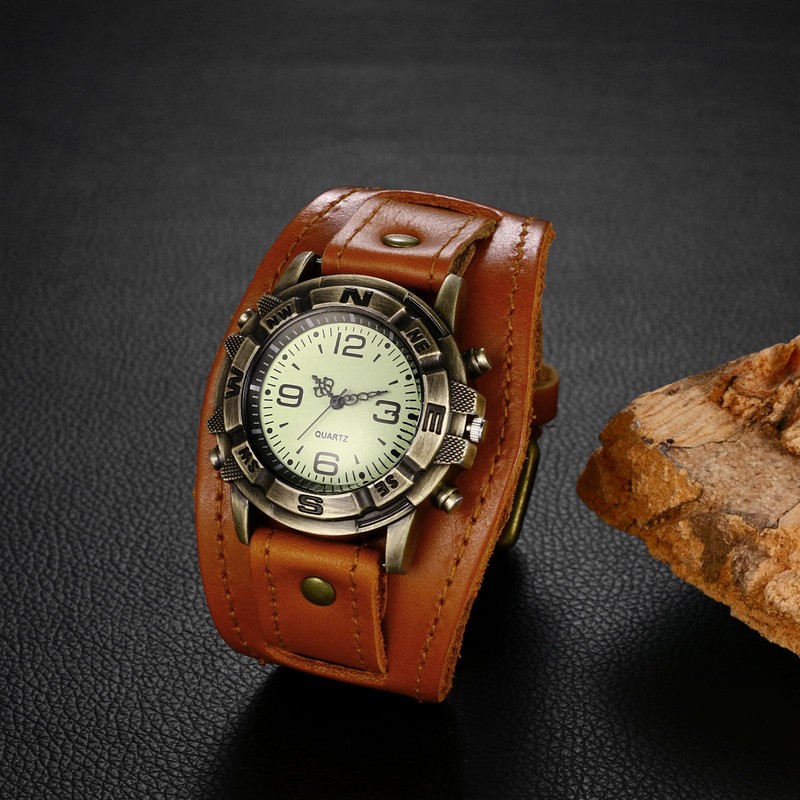 Lancardo Mens Steampunk Retro Genuine Leather Watch Military Quartz Hip-hop