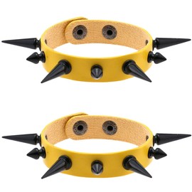FM FM42 Women Yellow PU Simulated Leather Black-tone Long and Short Rivets Spike Spiked Punk Gothic Adjustable Bracelet, Pack of 2