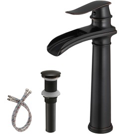 BWE Bathroom Vessel Sink Faucet Waterfall Spout Single Handle One Hole Oil Rubbed Bronze Tall Vessel Lavatory Vanity Faucet with Pop Up Drain Assembly and Supply Hose