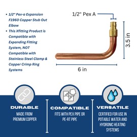 XFITTING 1/2 inch Pex A Expansion Stub Out Elbow 3.5 inch x 6 inch, F1960, Copper, 30-3-5=10X, 10 Pieces