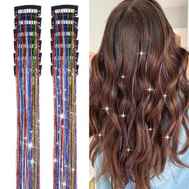 YOOONXI 12Pcs Hair Tinsel Clip in 19.6Inch Glitter Tinsel Hair Extensions Heat Resistant Shiny Sparkle Fairy Hair Tinsel Kit for Women Girls Kids (Colorful)