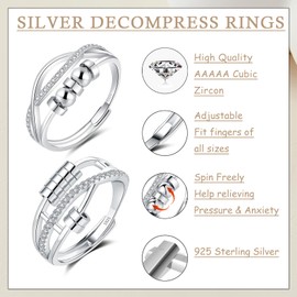 Deyanse 925 Sterling Silber Anxiety Ring, 2 Stück Silber Anti Stress Ringe mit Perlen, Offen Einstellbar Angst Ringe Set, Hypoallergen Spinner Fidget Ring, Zirkonia Unisex Stimmungsring gegen Stress