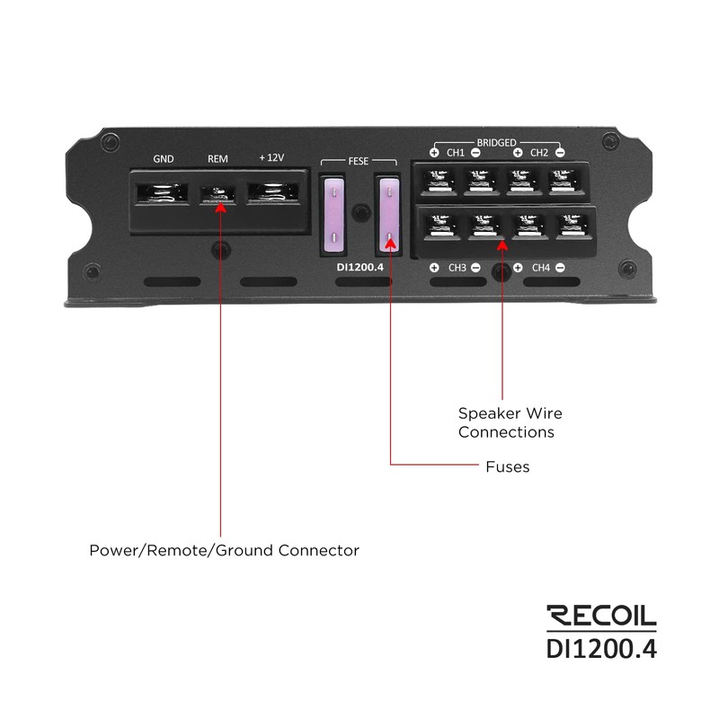 Recoil DI1200-4 Full-Range Class-D 4-Channel Car Audio Amplifier, 2,400 Watts,