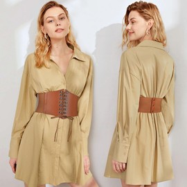 WHIPPY Women's Corset Belt Wide Lace Belt Elastic Waist Belt Lace Corset Tied for Dress Shirt Cosplay Costume, C-brown