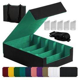 Scimi Magnetic Leather Trading Card Storage Box - 5-Row Deck Case Design, 3900+ Capacity for YuGiOh, MTG, TCG and Sports Cards, Includes 24 Colorful Dividers & 5 Card Supports (Black/Green)