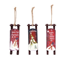 WHY Decor Red Wooden Christmas Sled with Snowman Pattern Christmas Tree Ornaments Decorative Christmas Sleigh Christmas Tree Hanging Decoration Xmas Ornament Holiday Decor for Home Party Set of 3