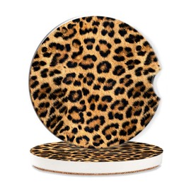 Yellow Black Leopard Cup Holder Coasters for Car,Animal Print Cute Cup Holder Coasters,2 Pack Anti Slip Ceramic Car Cup Holder Accessories with Finger Notch for Women Men 2.56"