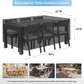 RICHIE Patio Furniture Covers - 600D Heavy Duty Waterproof Rectangle Table Cover, Lawn Furniture Set Covers for Outside Dining Table and Chairs Seating 90"L x 62"W x 28"H